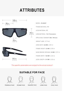 Detailed size chart for polarized sports sunglasses showing frame dimensions and 22g weight