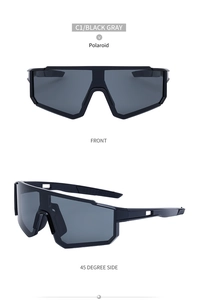 Detail of black polarized sports sunglasses with large square frames and side views
