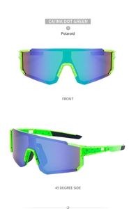 Front and side view of ink dot green polarized sports sunglasses with purple mirrored lenses