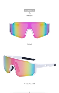 Front and 45 degree side view of white cycling sunglasses with polarized rainbow lenses