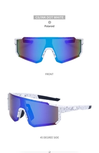 Front and side view of white ink-dot polarized sport sunglasses with blue-purple lens