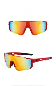Detailed front and side views of red shield sports sunglasses with polarized lenses