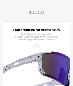 Close-up of TAC high definition polarized purple lenses on white splatter frames