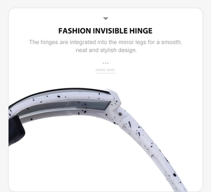 Close-up of invisible hinge on white polarized sunglasses with black ink splash pattern