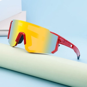 Outdoor cycling polarized sports sunglasses with red splatter frame and orange mirrored lens
