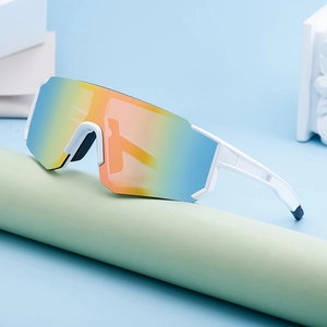White frame polarized cycling sunglasses with colorful iridescent lenses for outdoor sports