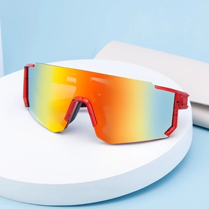 Polarized square frame sports sunglasses with red splatter paint and orange mirror lens