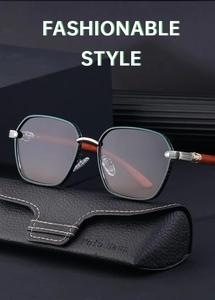 Detail of vintage square green frames and natural wood grain temples with metal carving