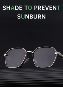 Macro shot of square metal sunglasses with triple stripe detail on the temple hinges
