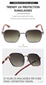 Detail view showing metal temples and brown gradient lenses of square sunglasses