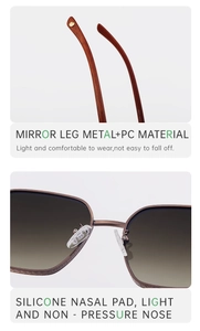 Detail of wood grain temples and soft silicone nose pads on square sunglasses