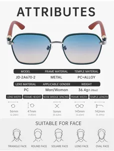 Detailed size chart for retro square sunglasses with wood grain temples and frame dimensions