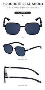 Three views of square sunglasses with silver vintage cross engravings on temple hinges