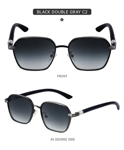 Close-up of square metal frame sunglasses with black double gray gradient lenses