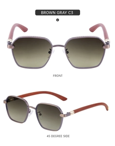 Detailed front and side view of men's square sunglasses with wood grain texture temples