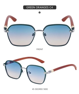 Detail view of square sunglasses with wood grain temples and blue-yellow gradient lenses