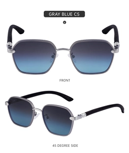 Front and 45-degree side macro view of men's square sunglasses with wood grain temples