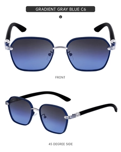 Front and side views of silver metal square sunglasses with gradient gray blue lenses