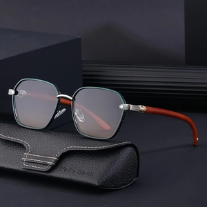 Fashion square frame sunglasses with green metal rims and elegant wood grain arms and case