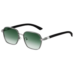 Fashion square metal sunglasses with green gradient lenses and silver engraved frame