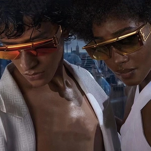 Detail of cyberpunk square metal sunglasses with industrial screws and gradient lenses