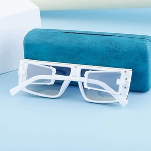 Detail of white square sunglasses with hollow geometric temples and blue hard case