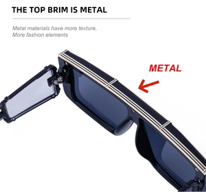 Macro detail of the premium metal top brim on these black steampunk square sunglasses