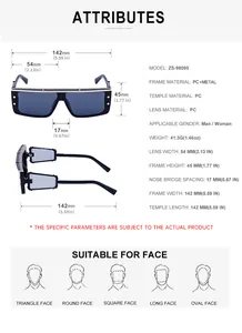Detailed size chart for cyberpunk square sunglasses showing frame dimensions and specs