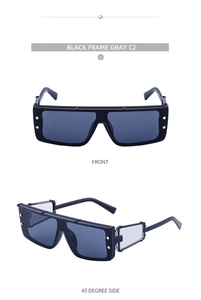 Detail view of cyberpunk square sunglasses with silver rivets and industrial temples