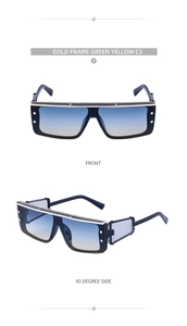 Front and side view of cyberpunk square frame sunglasses with gold bridge and gradient lens