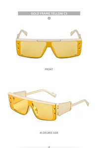 Front and 45-degree side views of cyberpunk square frame sunglasses in gold and yellow