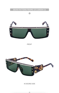 Detailed front and side view of bean pattern square sunglasses with G15 green lenses