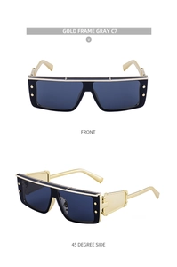 Cyberpunk square sunglasses with gold frame and gray lens, front and 45-degree views