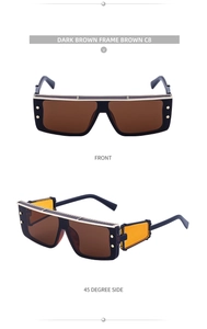 Front and side view of dark brown square frame sunglasses with yellow accents