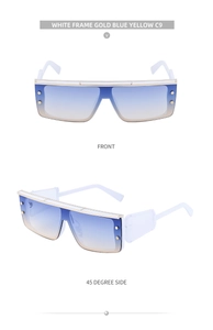 Front and 45-degree side views of white frame cyberpunk sunglasses with blue gradient lens