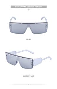 Detail of silver cyberpunk shield sunglasses featuring futuristic rivets and wide temples