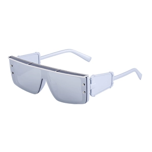 Cyberpunk square oversized wrap sunglasses with blue tint and silver metal trim