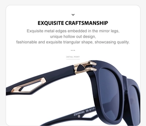 Close-up of square sunglasses featuring hollowed-out temples and golden metal accents