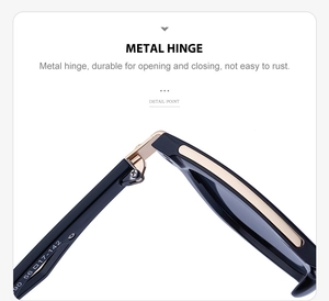 Detailed macro view of durable gold metal hinges on black square sunglasses frame