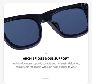 Close-up of arch bridge nose support on black square frame fashion sunglasses