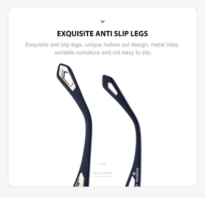 Detail of ergonomic anti-slip sunglasses legs with hollow design and gold metal inlay
