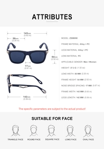 Detailed size infographic for ZS98090 square sunglasses with alloy and PC frame specs