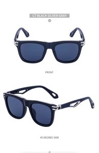 Detail view of square sunglasses featuring geometric hollow temples and silver metal accents