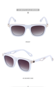 Front and 45-degree side views of white square sunglasses with gold metal trim