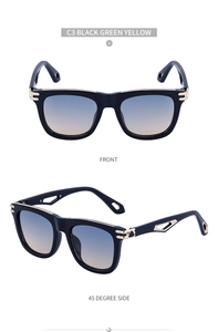 Square black sunglasses detail showing gold metal accents and gradient blue-yellow lenses