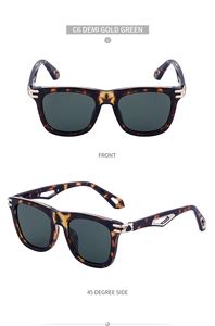 Detail view of retro square tortoise sunglasses with green lenses and gold metal hinges