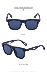 Front and side view of matte black square frame sunglasses with geometric hollow temples