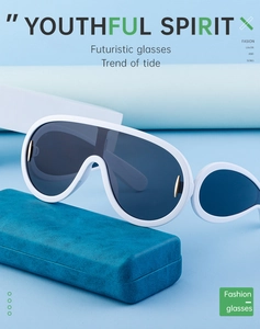 Futuristische witte zonnebril met donkere glazen en een blauwe hardcase koker