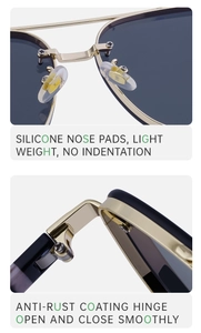 Detailed macro of rimless sunglasses with gold metal hinges and soft silicone nose pads