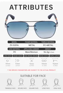 Detailed size chart for rimless square sunglasses with dimensions and frame specifications